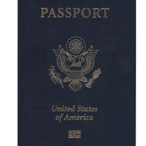 The cover of a US passport, which reads "PASSPORT, United States of America" with an eagle emblem.