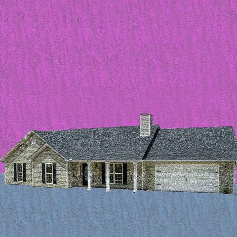 Illustrative image of a black and white house with a magenta sky and blue ground