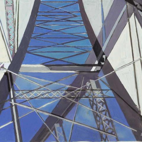 Abstract painting in blue, white and grey from a point of view from a bridge looking up at the sky