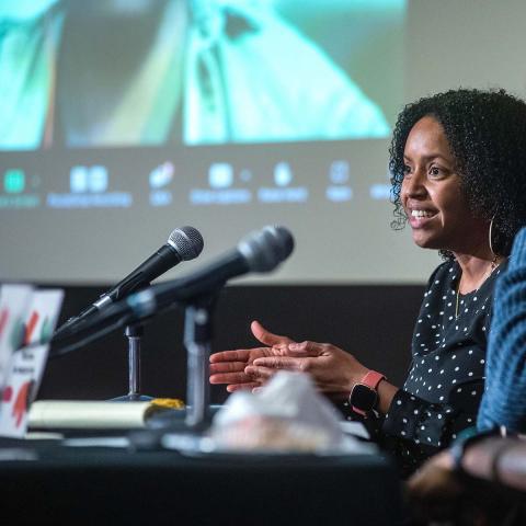 Assistant Professor of Chemistry Krystle McLaughlin sitting at a table in front of microphones