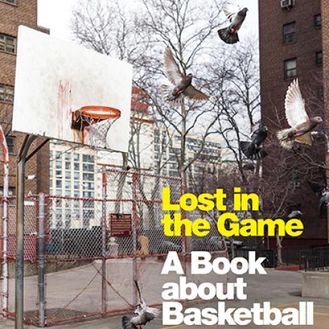 A book cover featuring pigeons flying around a city basketball court with the words: “Lost in the Game: A Book about Basketball, Thomas Beller”