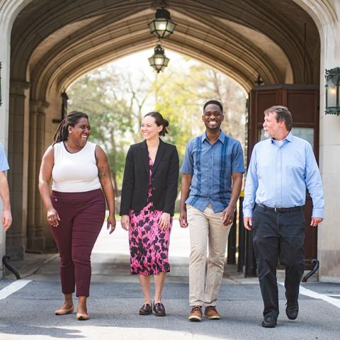 Cluster Hire Initiative faculty members (left to right) Payton Small, Tamyka Jordon-Conlin, Ashanti Shih, and Deon Knights, and Dean of Faculty William Hoynes