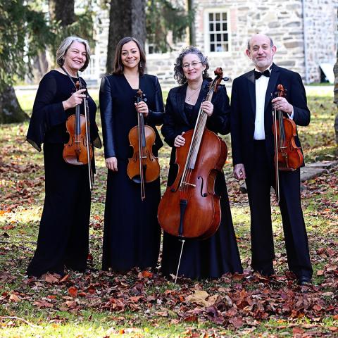 Four musicians in formalwear stand in front of a stone building holding their string instruments on a lawn covered with fallen leaves.