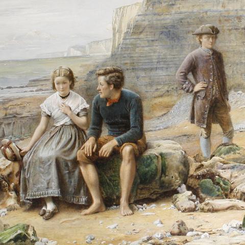 A watercolor painting of a girl and boy sitting on a rock by the sea as another man looks on.