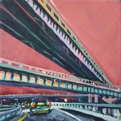 A painting of a car driving on a highway overpass.