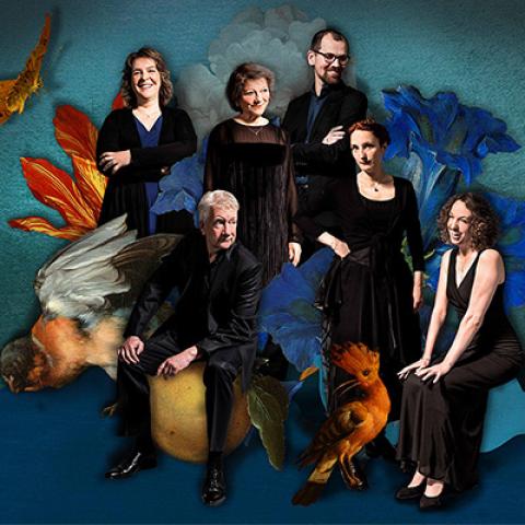 A group portrait of the six members of Camerata Trajectina along with images of large flowers and birds.