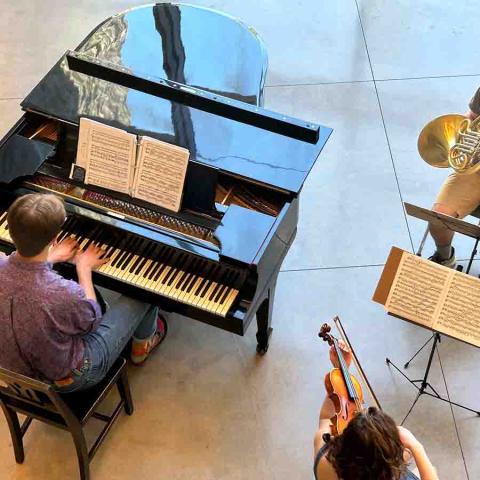 Overhead view of man planing piano, someone playing a violin and someone playing a horn