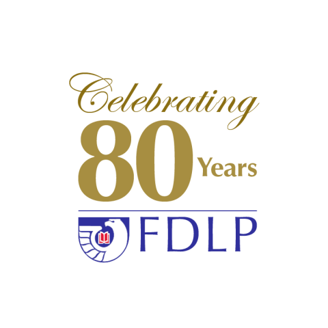 A decorative logo that reads, “Celebrating 80 years, FDLP” with a drawing of an eagle and an open book.