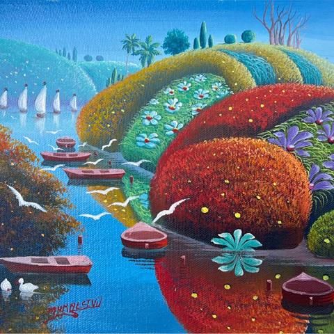 Vassar Haiti Project painting of colorful river of boats, foliage and flowers.