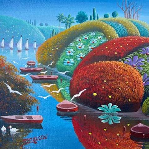 A somewhat surrealistic painting of boats, birds, and flower-covered hills in vibrant colors.