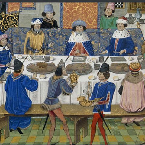 A whimsical painting of medieval nobility seated around a banquet table.