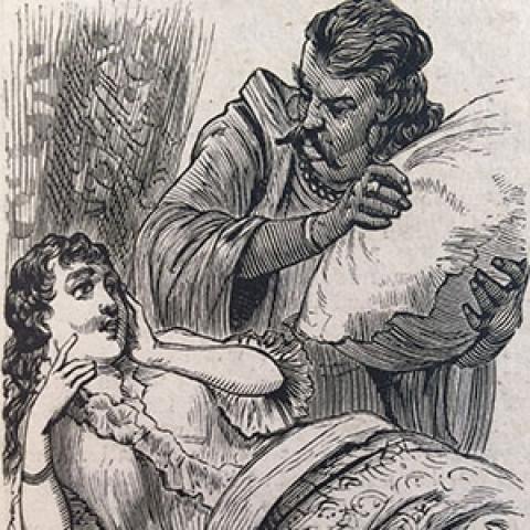 A black and white drawing depicting a scene from Shakespear's Othello, in which Othello, holding a pillow, tries to smother his wife, Desdemona, who cowers in bed.