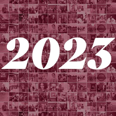 A collage of small images with a maroon monochromatic overlay with the year "2023" across the image.