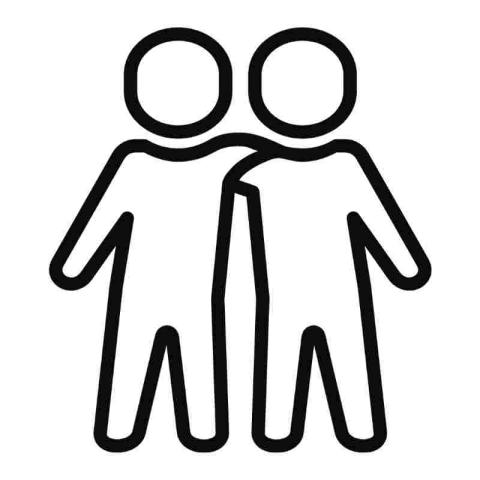 A simple line icon of two people standing together, arms around each other's shoulders.