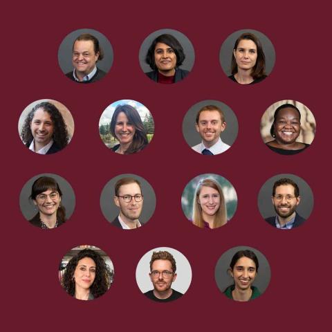 Photo collage with 14 circular headshots people in a grid on top of a textured maroon background.