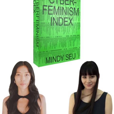 Image of two women with black shirts and long black hair pictured under a book cover that reads: Cyberfeminism Index.