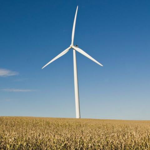 3 blade windmill against a blue sky.