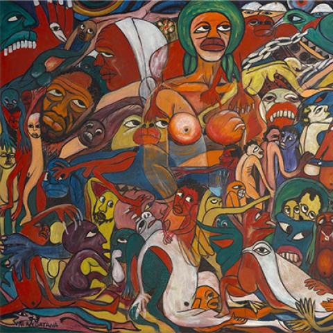 Detail of a painting depicting many colorful human bodies surrounding a single white dove.