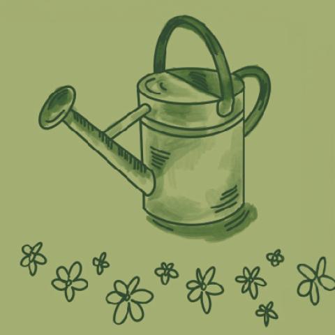 Hand-drawn watering can with flowers underneath, all in green.