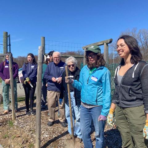 A group of adults of various ages stand by a fence in a sunny field.