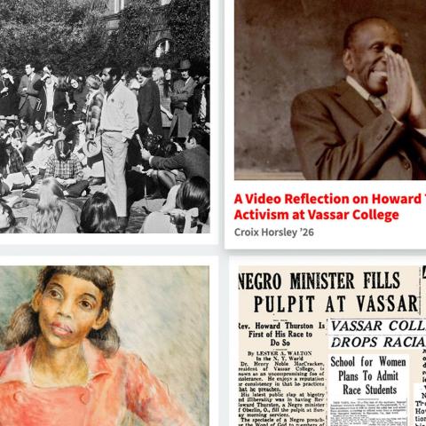 Photo collage with images of paintings, photographs, and news paper articles relating to Vassar College's inclusive history.