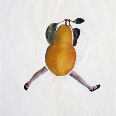 A photo collage showing a yellow pear with two legs, placed on a white paper background.