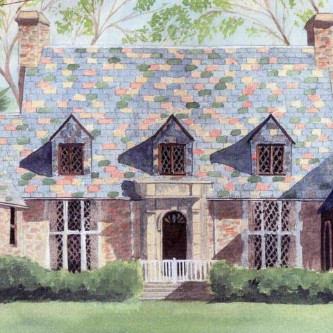 Watercolor painting of a colorful house in the woods.