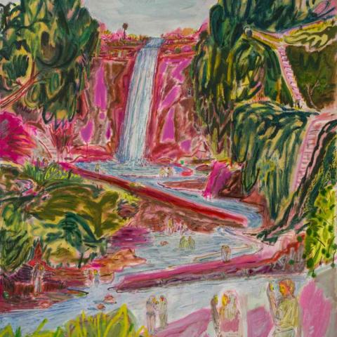 An oil painting titled Kaaterskill Falls. The painting shows a pink and green landscape with a waterfall.