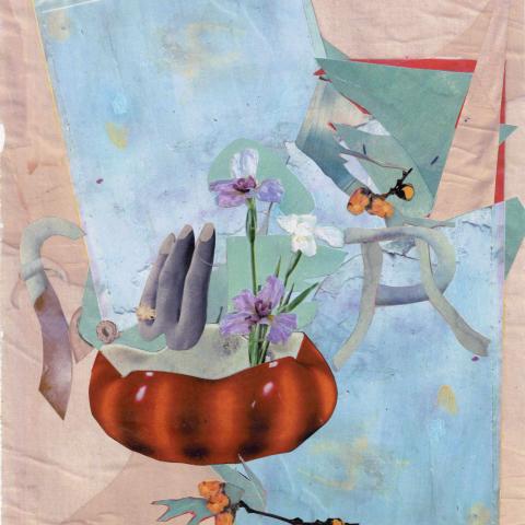 An abstract collage in pastel colors made from clippings featuring flowers and botanic forms, with  three fingers in the middle.