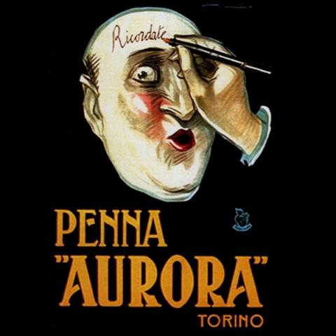 Drawing of a bald person with a surprised look and a hand holding a pen to the face writing "Ricordate" on the forhead with additonal text "Penna Aurora Torino" on a black background.