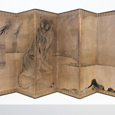 Tiger painted in ink on paper mounted on silk brocade six-fold screen.
