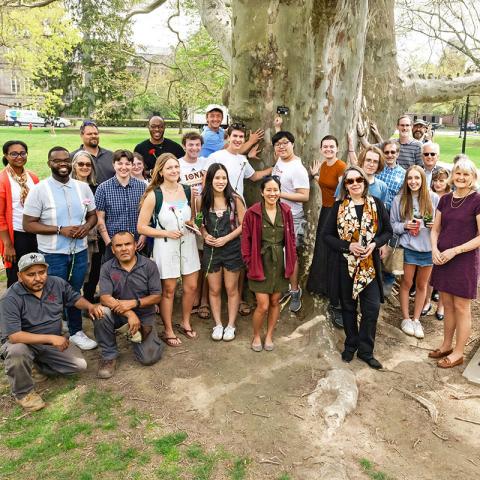 A large group of people standing under a large tree with a Main Building in the background.