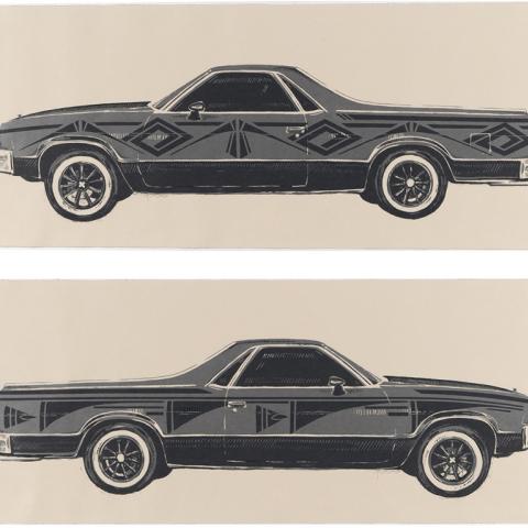 Illustrative diptych of two side views of one car in black and white.