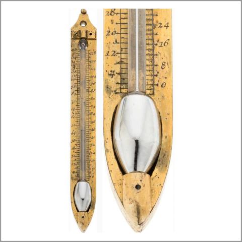 An antique thermometer with a closeup detail.