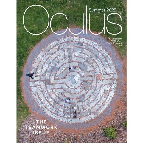 A cover of Oculus magazine that features a photograph of Vassar's Pratt House Labyrinth.