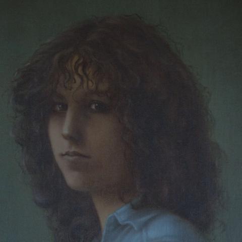An oil painting of a serious person with long, dark, curly hair.