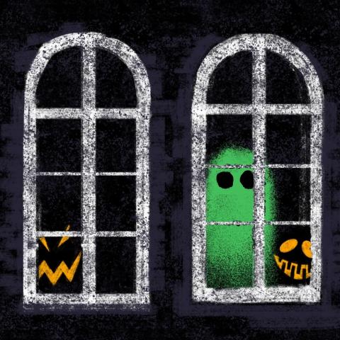 An illustration of a window with a ghost and glowing eyes behind it.