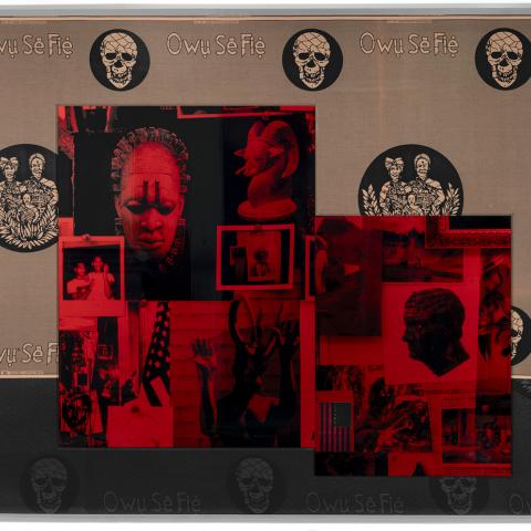  A mixed-media assemblage with layered red-tinted photographs, including African masks, sculptures, and archival images, arranged on a background printed with repeating black-and-white circular motifs. These motifs alternate between skulls wrapped in patterned cloth and portraits of a family framed by laurel leaves, with the phrase “Owu Sɛ Fie” repeated across the fabric ground. The central collage glows in deep red, contrasting sharply with the neutral beige and black patterned border.