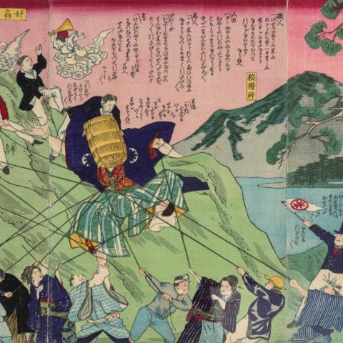 A Japanese painting of a dynamic scene unfolds across a vibrant landscape, depicting figures engaged in a spirited struggle on a grassy incline. Various individuals, some adorned in traditional attire and others in Western clothing, are seen pulling on ropes connected to a large, ornate cart. In the background, soft green hills rise against a pale pink sky, where stylized clouds drift. A prominent tree with textured bark stands to one side, while additional figures observe the action from a distance.