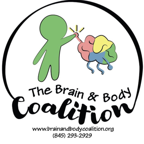 A simple green figure reaches out with one hand towards a colorful abstract brain, which is comprised of pink, yellow, and blue sections. The figure's other arm remains relaxed at its side. Surrounding this central imagery is a circular black outline, framing the composition. The text "The Brain & Body Coalition" is positioned below the figures, with "www.brainandbodycoalition.org" and "(845) 293-2929" presented at the bottom, rendered in a playful font that complements the visual elements above.