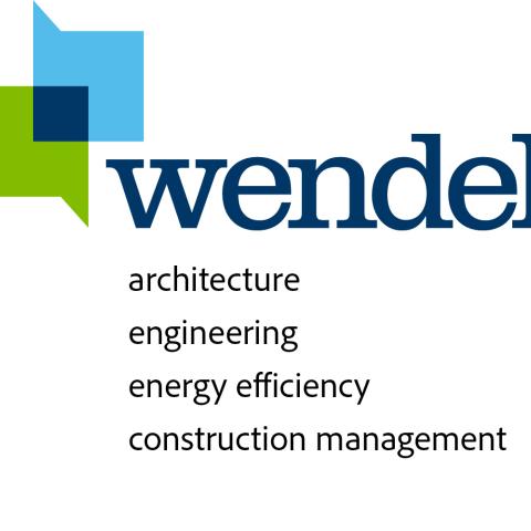 Wendel logo with overlapping green and blue squares, the word “wendel,” and the tagline: architecture, engineering, energy efficiency, and construction management.