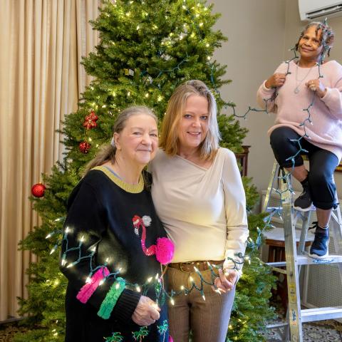Three people decorate a large Christmas tree indoors; two stand smiling in front while a third stands on a step ladder holding a string of lights.