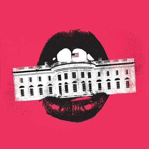 Stylized graphic of black open lips on a hot-pink background, biting a distressed white illustration of the White House with a small U.S. flag visible between the teeth.