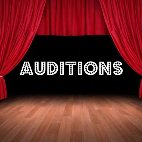 A graphic featuring colorful, blocky letters spelling out "AUDITIONS" at the top. Below, brightly colored geometric shapes like triangles, circles, and crescents create an abstract design. The background is a textured, dark teal color.