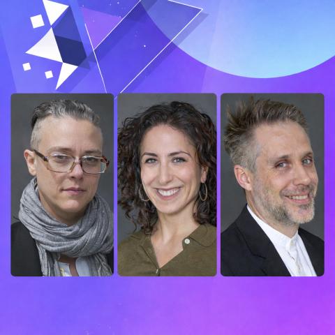 Composite image showing headshots of Julia Heim, Emily Antenucci, and Alberto Gelmi arranged side by side against a purple gradient background.
