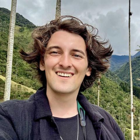 A person stands in a lush, mountainous landscape, surrounded by tall, slender trees. Bright green foliage contrasts with the cloudy sky, which features varying shades of gray. The person has brown hair, and they wear a dark, open jacket over a black shirt.