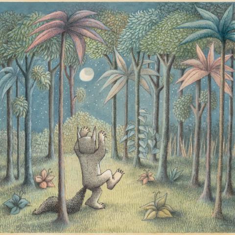Illustration of a small horned creature standing on one foot in a moonlit forest, arms raised toward a full moon. Tall, stylized trees with pastel-colored leaves surround the figure, and soft blue night tones fill the sky with scattered stars. The scene has a textured, storybook style with muted greens, pinks, and blues.