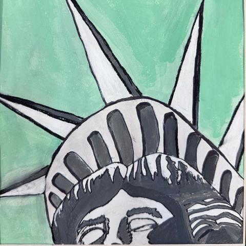 Painting of the top of the Statue of Liberty’s head and crown, shown in black, white, and gray tones against a mint green background, with the crown’s spikes extending upward.