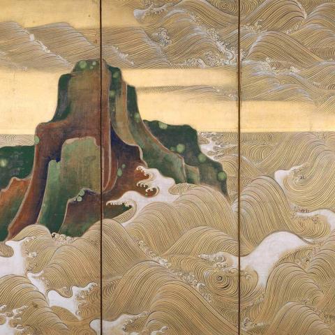Decorative Japanese folding screen with rhythmic, curling waves rendered in fine lines over a gold background, punctuated by steep green and brown islands rising from the sea.