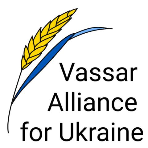 Graphic logo for Vassar Alliance for Ukraine. It features a stalk of yellow wheat paired with a blue blade of grass or leaf, mimicking the colors of the Ukrainian flag. Black text to the right reads "Vassar Alliance for Ukraine" on three lines.